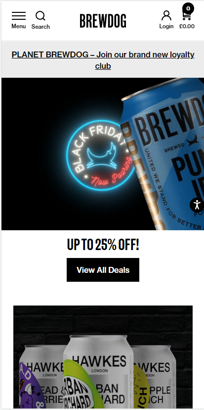 Captura de pantalla del sitio móvil de BrewDog
