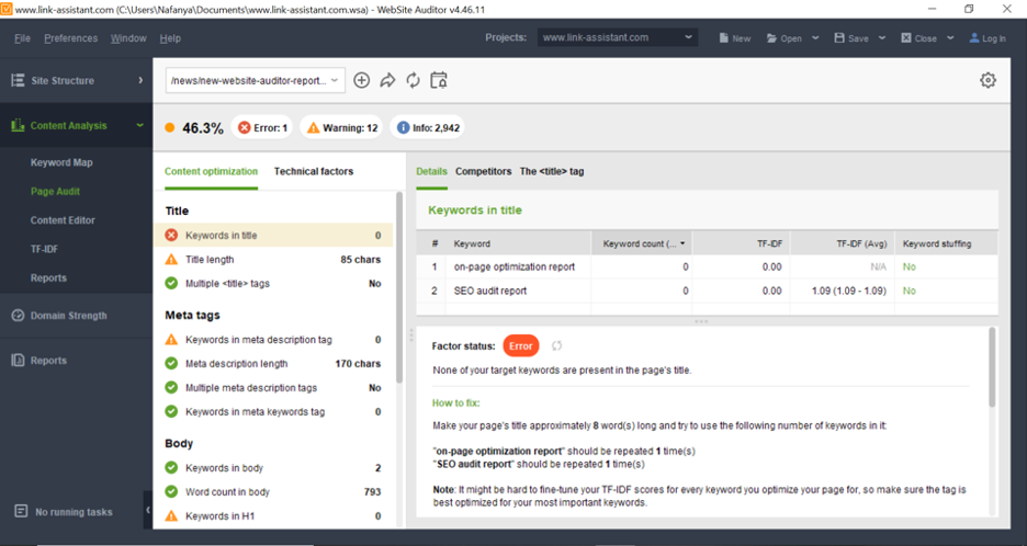 Auditor de sitios web SEO PowerSuite
