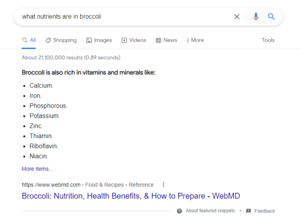 Contoh cuplikan unggulan di Google