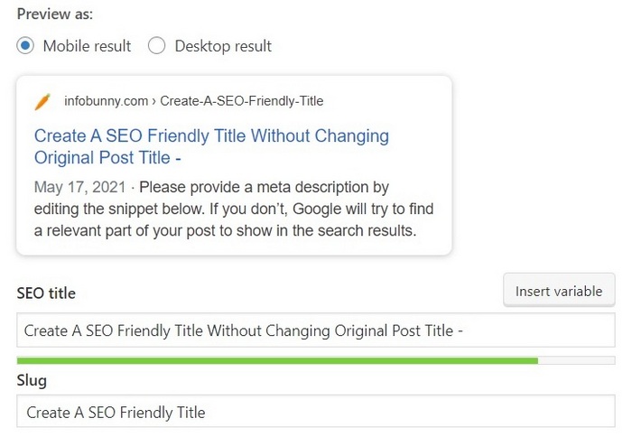 Crea un titolo SEO Screen capture of Yoast SEO settings for the article - How To Create A SEO Friendly Title Without Changing Original Post Title