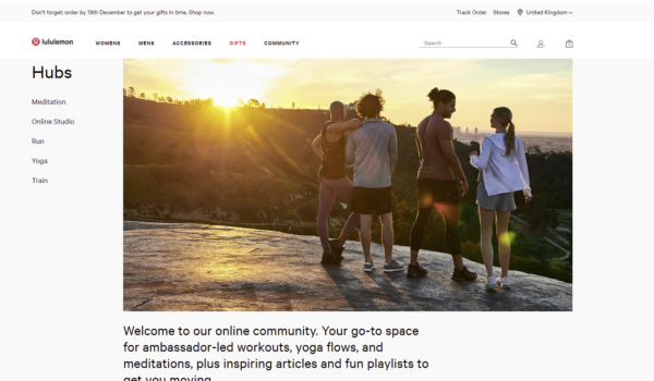Captura de pantalla de la página de centros comunitarios de lululemon