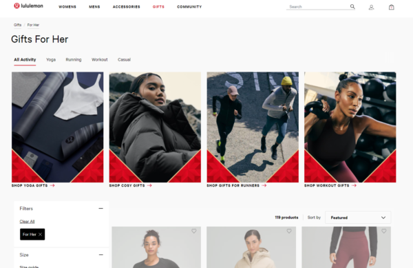 Captura de pantalla del regalo de lululemon para su página