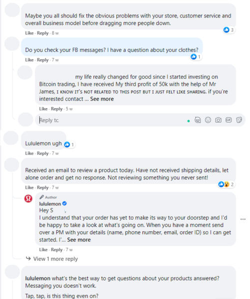 Captura de pantalla de comentarios negativos en la página de Facebook de lululemon