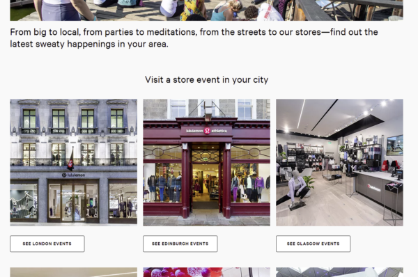 Captura de pantalla de la página de eventos de lululemon