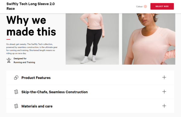 captura de pantalla de la página del producto lululemon