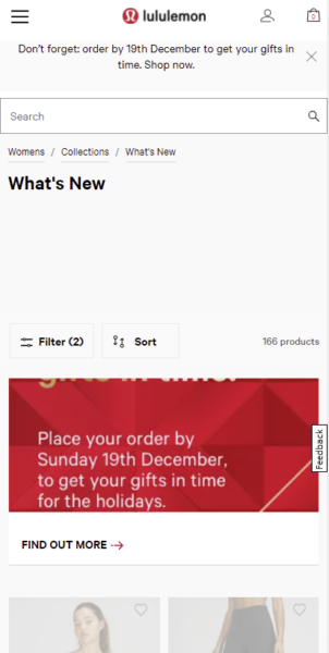 Captura de pantalla del sitio web móvil de lululemon