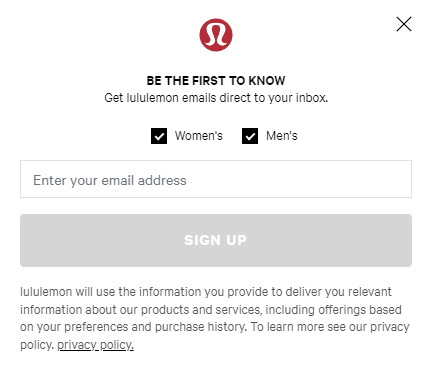Captura de pantalla del formulario de generación de leads de lululemon