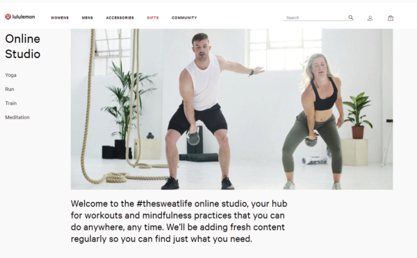 Captura de pantalla de la página del estudio en línea en el sitio web de lululemon