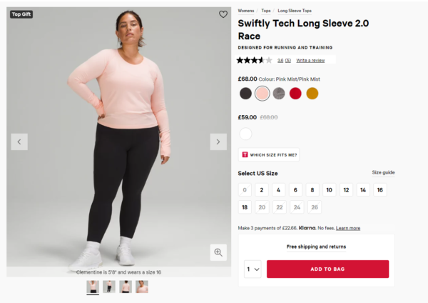 Captura de pantalla de una captura de producto en el sitio web de lululemon