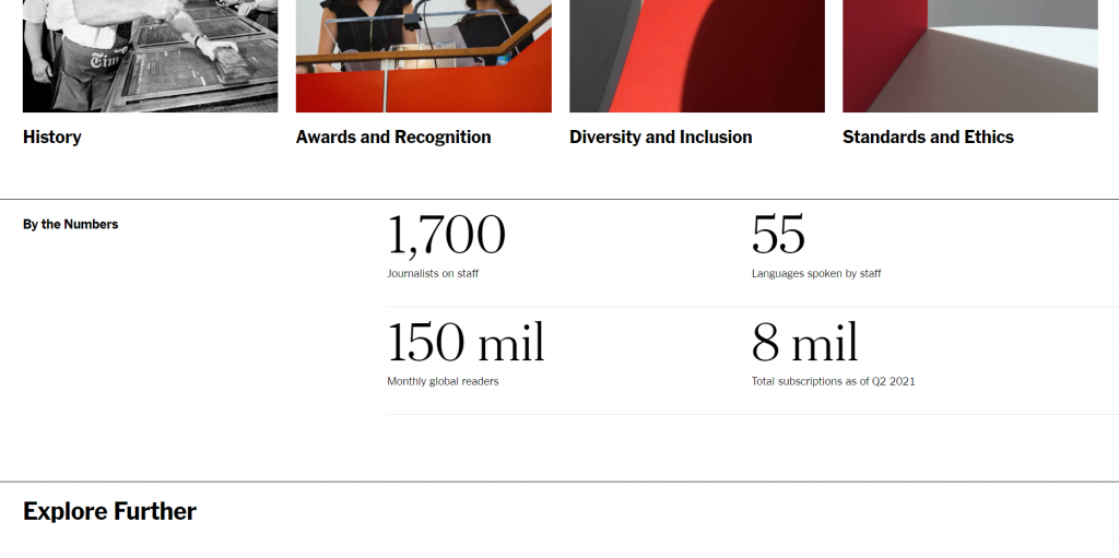 Capture d'écran de la page À propos du New York Times - Quoi écrire dans la page à propos de nous d'un site Web - Copier le blog