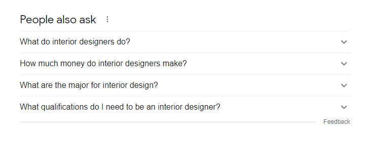 사람들이 구글에 인테리어 디자인에 관해 묻는 질문 스크린샷