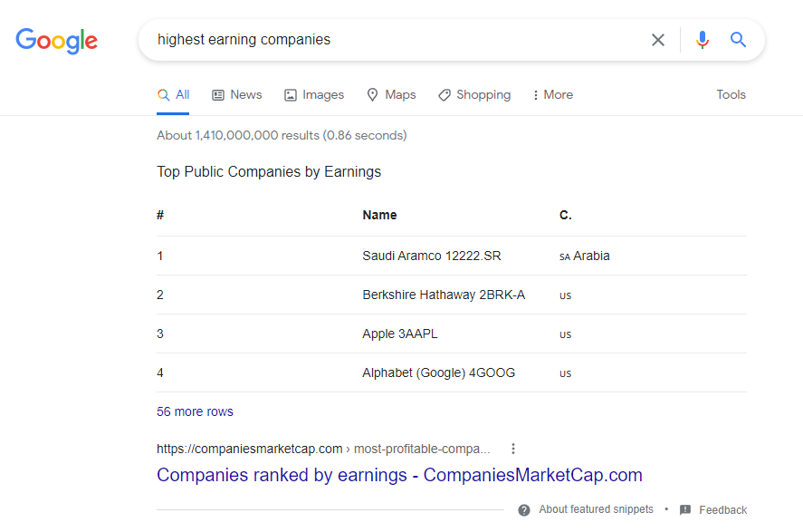 추천 스니펫의 테이블 스크린샷