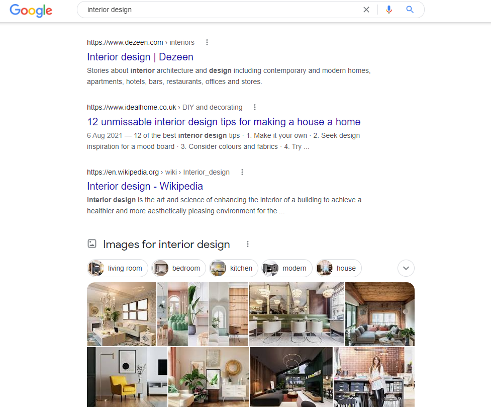 인테리어 디자인에 대한 Google 검색의 스크린샷