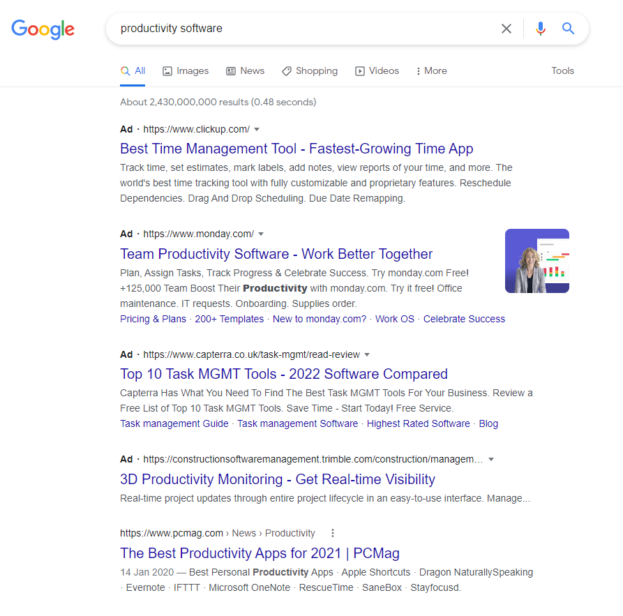 Google 텍스트 광고의 스크린샷