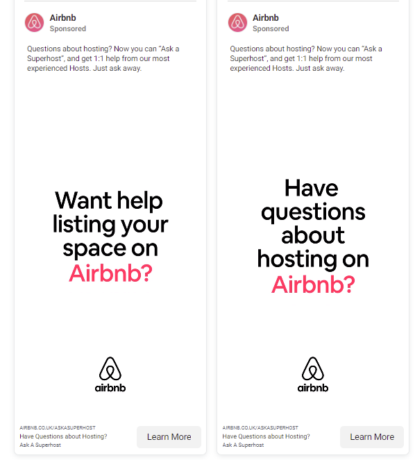 Capture d'écran des publicités Facebook d'Airbnb