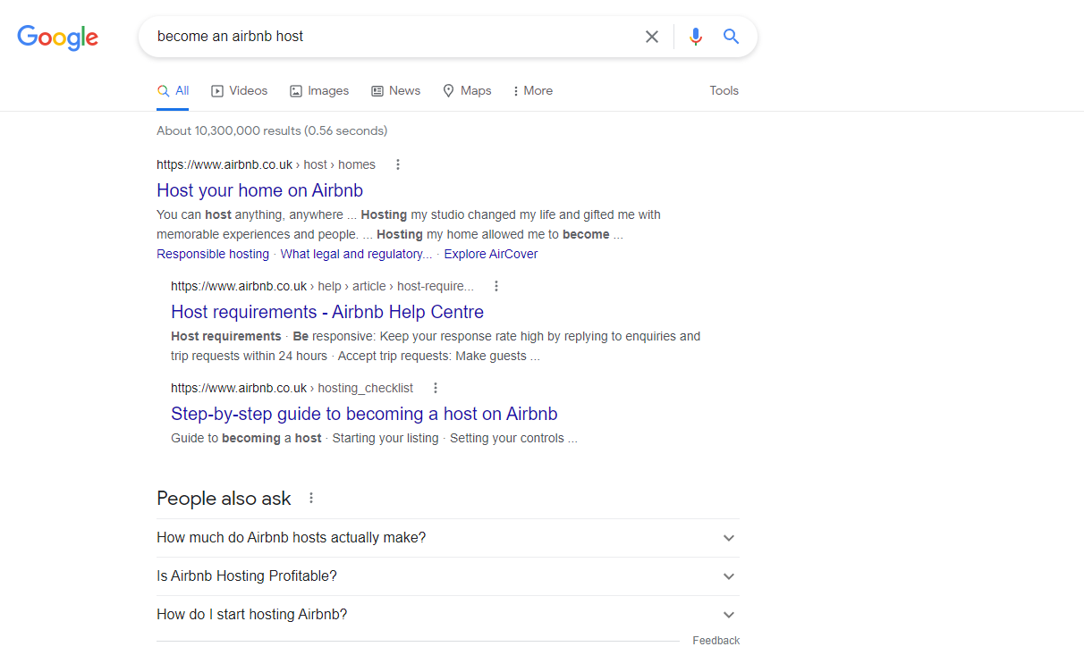 Capture d'écran de la recherche Google pour devenir hôte airbnb