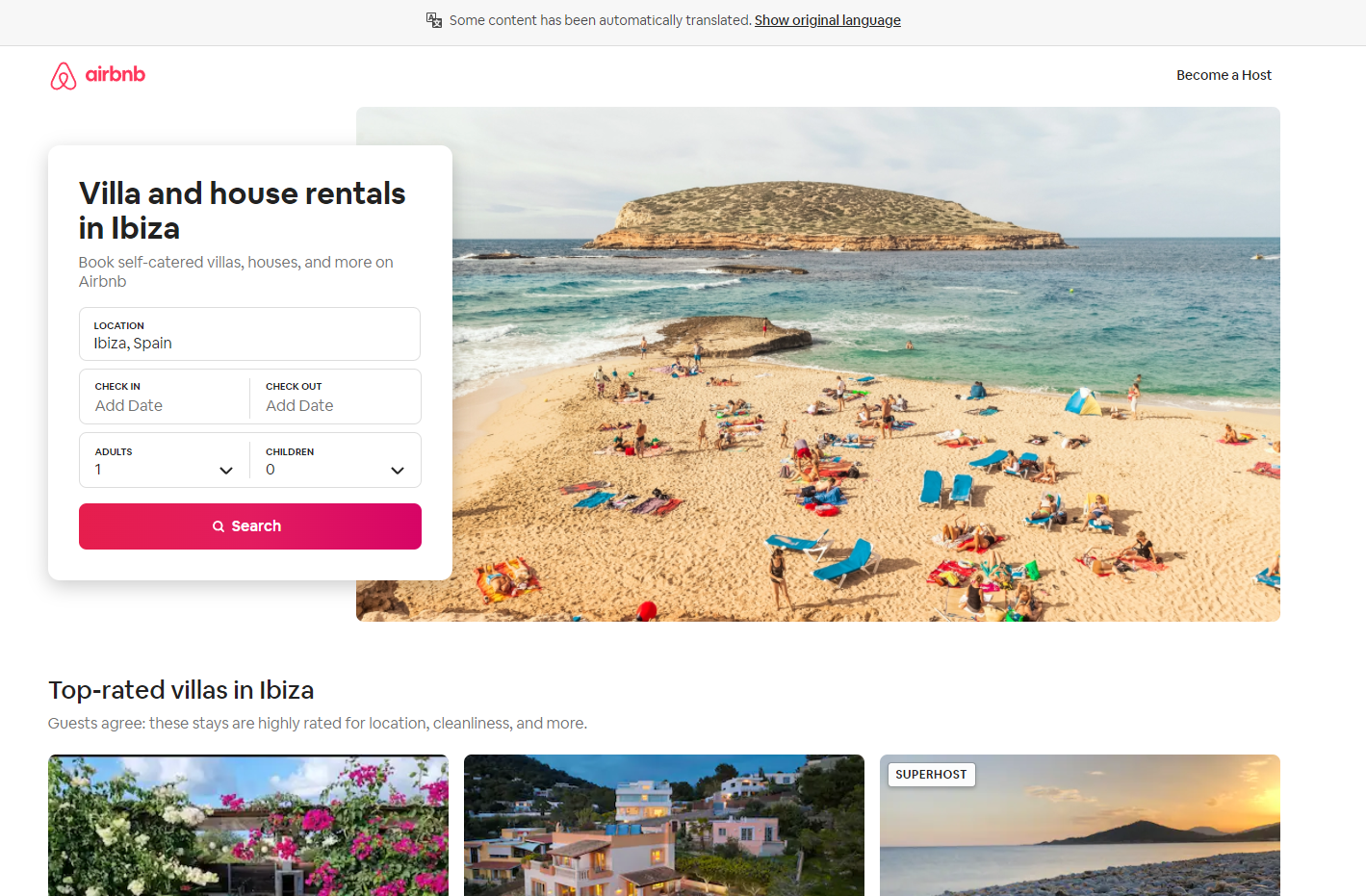 Capture d'écran de la page d'accueil des villas Airbnb Ibiza