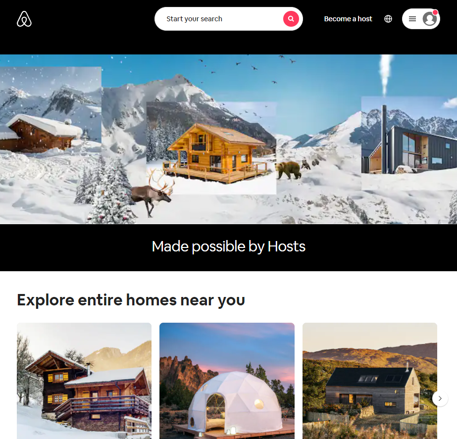 Capture d'écran de la capture d'écran des séjours d'hiver Airbnb