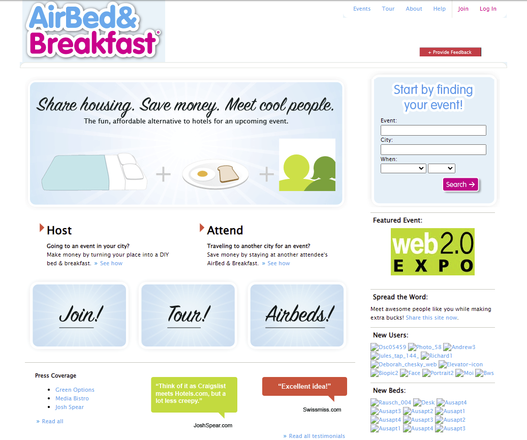 Capture d'écran du site Airbed and Breakfast en 2008