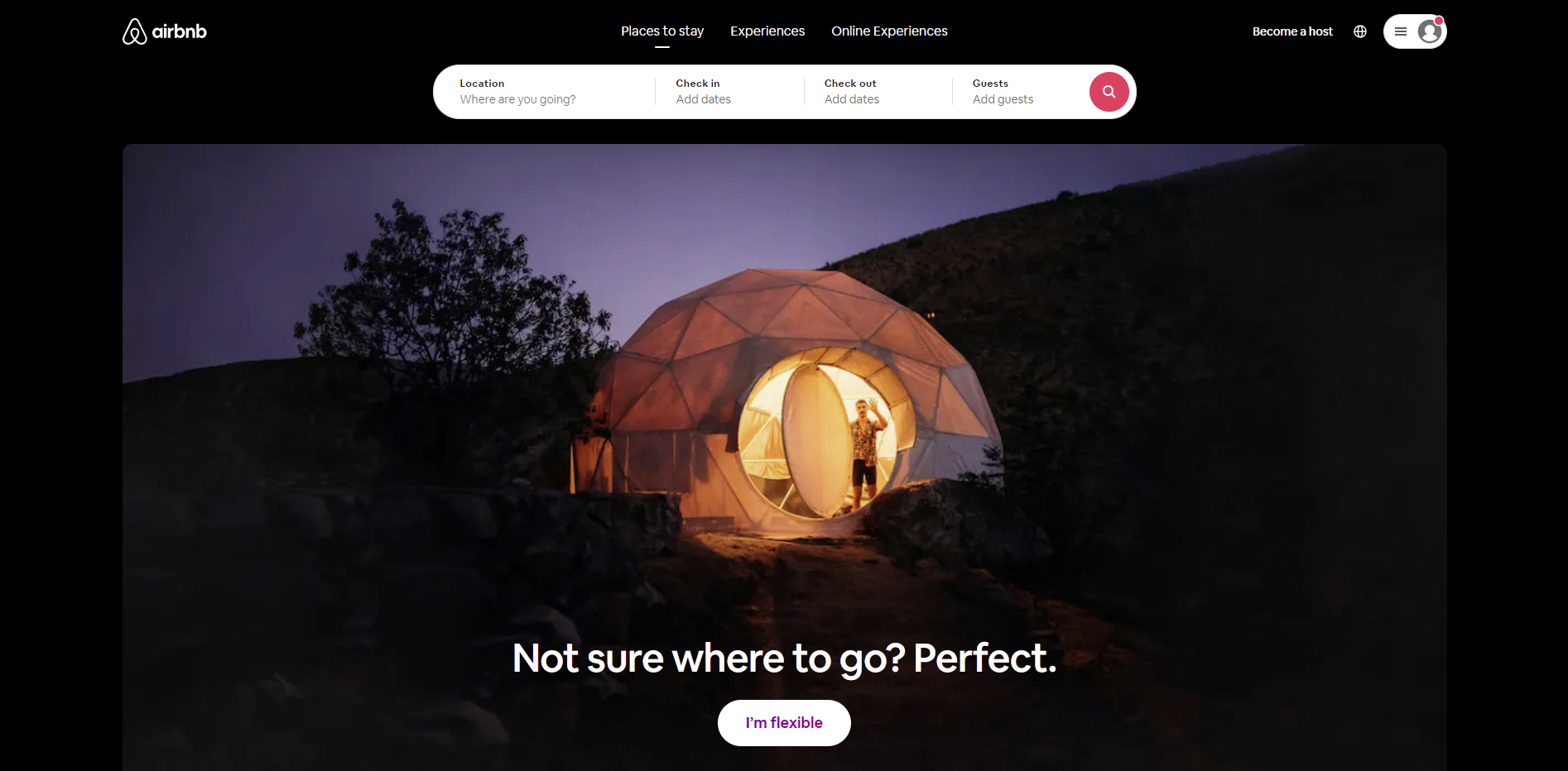 Capture d'écran de la page d'accueil d'Airbnb