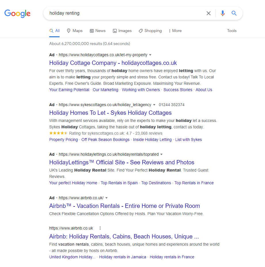 Capture d'écran des annonces qui s'affichent pour la recherche "location de vacances"