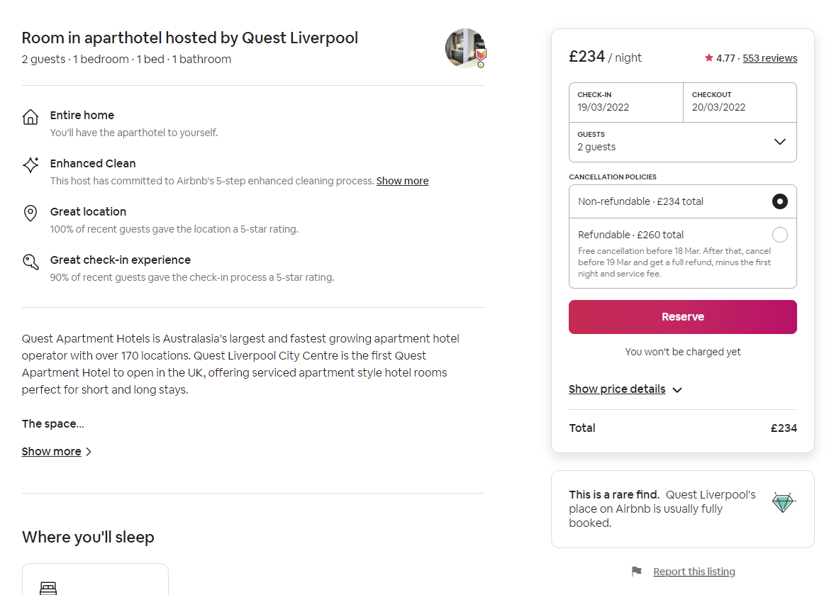 Capture d'écran de la description de l'annonce sur les pages des produits airbnb