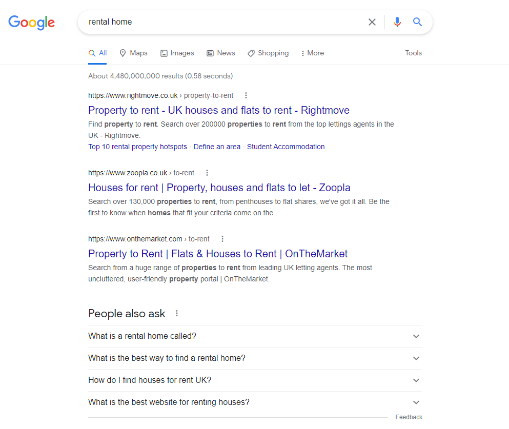 Capture d'écran d'une recherche Google pour une maison de location