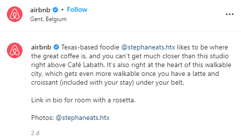 Capture d'écran des descriptions des publications Instagram d'Airbnb
