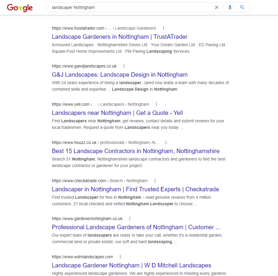 Uno screenshot dei risultati di ricerca di Google per un termine di ricerca locale