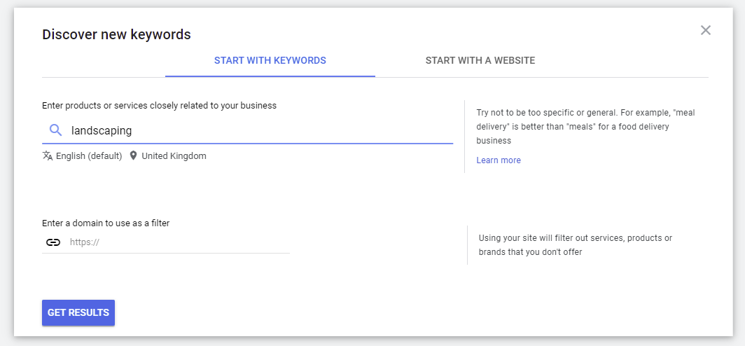 Screenshot della sezione di ricerca di Google Keyword Planner