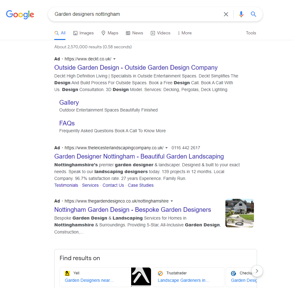 Screenshot dei risultati di ricerca di Google per "Garden designer Nottingham"