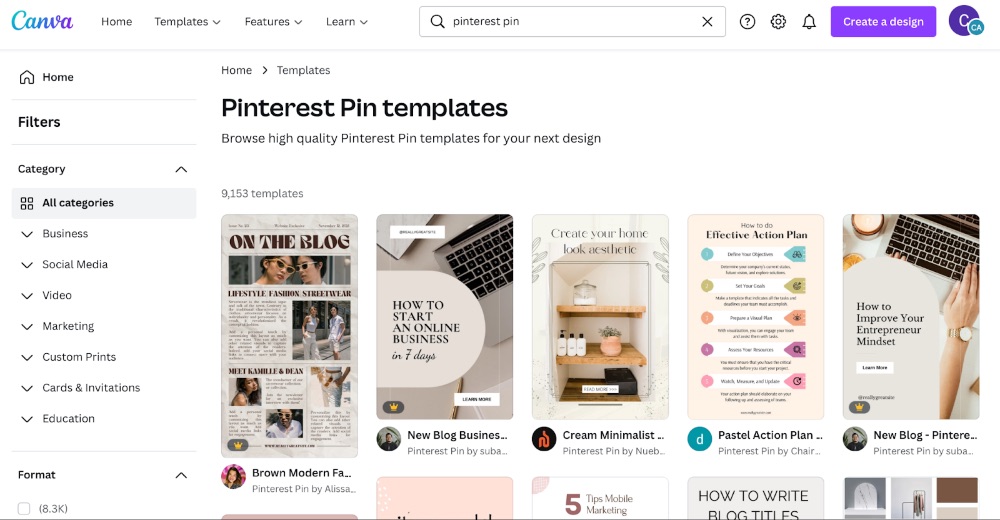 Modèles Canva pour les épingles pinterest dans le résultat de recherche de la barre de recherche canva