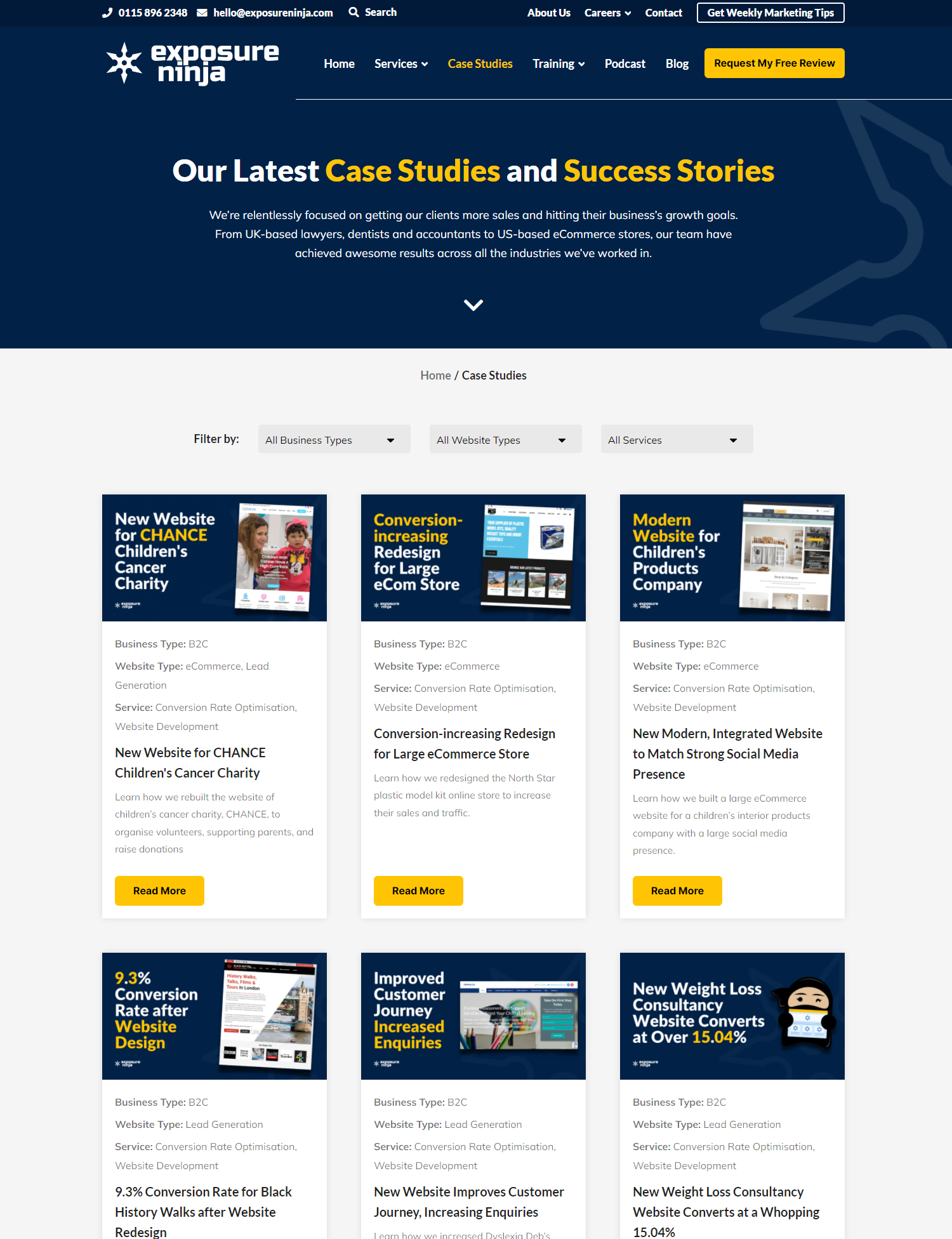 Screenshot della pagina dei casi di studio di Exposure Ninja