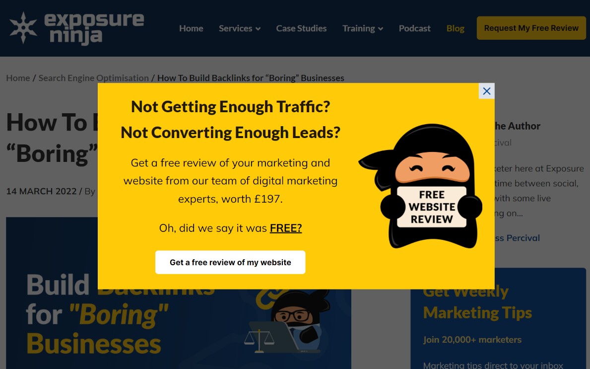 Screenshot del popup dell'intento di uscita di Exposure Ninja