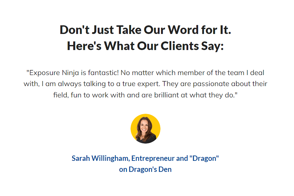 Esempio di testimonianza di un cliente sul sito web Exposure Ninja