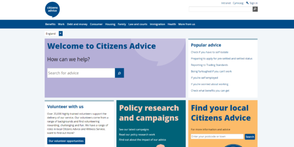 สกรีนช็อตของหน้าแรกของ Citizen's Advice