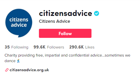 สกรีนช็อตของประวัติ TikTok ของ Citizens Advice