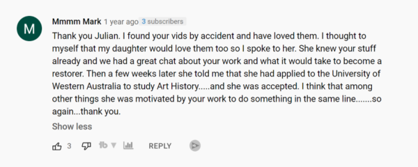 Скриншот комментария на YouTube-канале Baumgartner Restoration