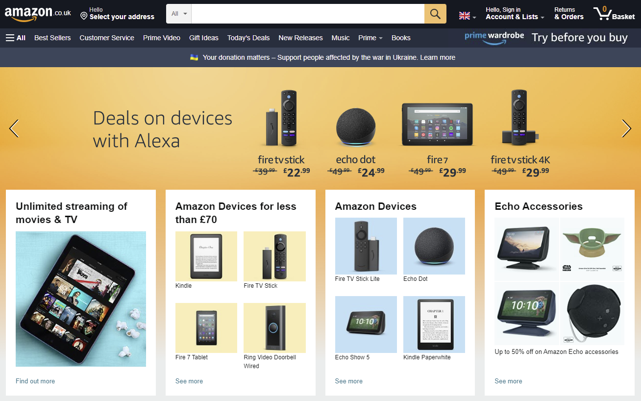Captura de pantalla de la página de inicio de Amazon Reino Unido