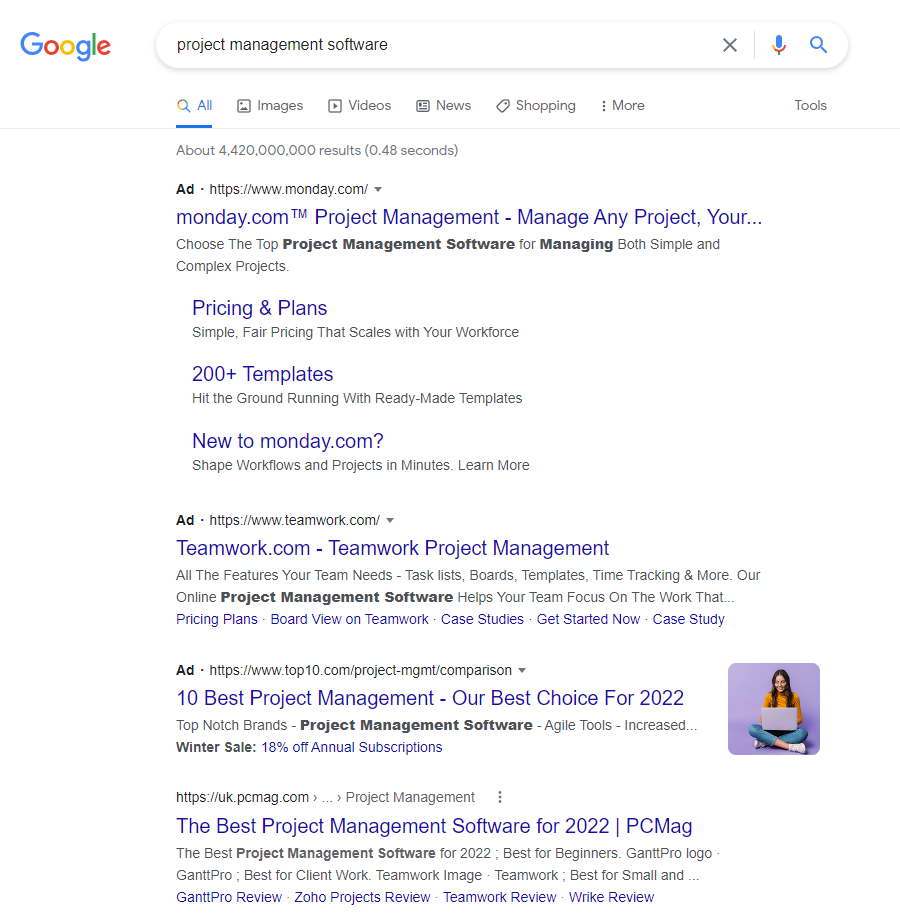 プロジェクト管理ソフトウェアの検索結果のスクリーンショット