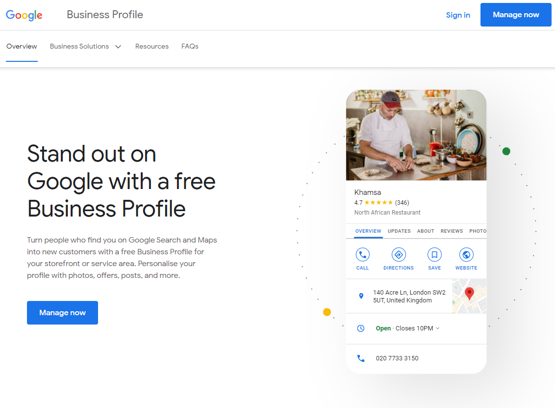 Googleビジネスプロフィールの登録ウェブサイトのスクリーンショット