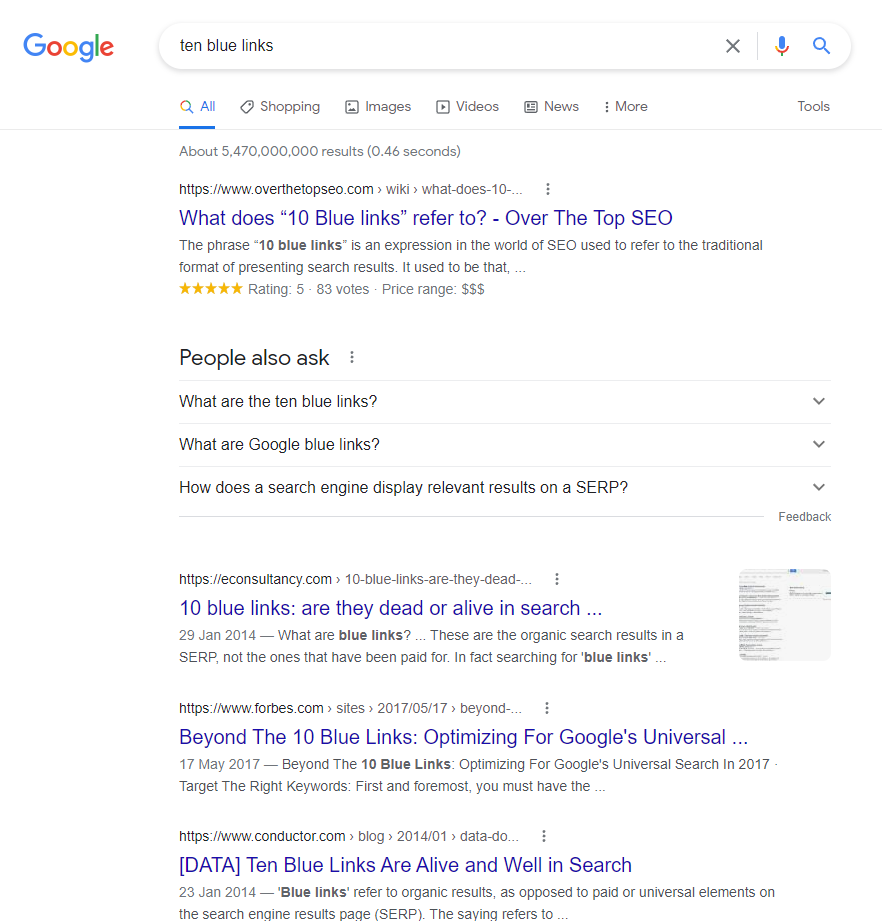 Ein Screenshot, der die "klassischen" zehn blauen Links in den SERPs zeigt