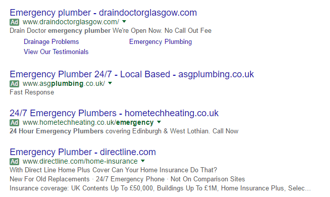 Anzeigen für Notklempner Ads for emergency plumber in Edinburgh search results, July 2016