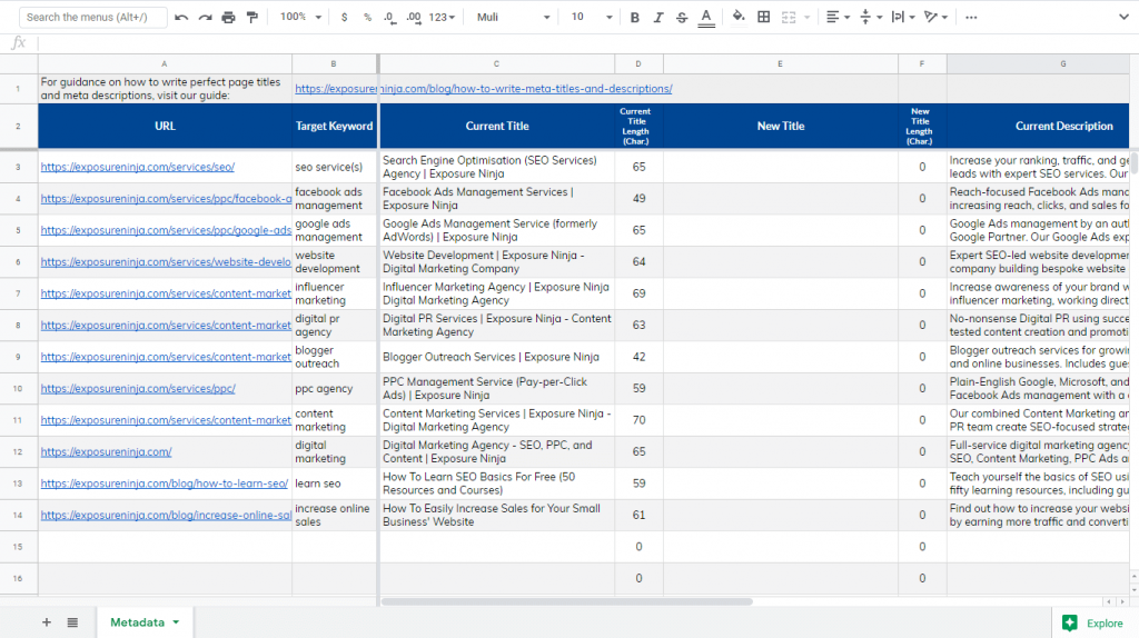 Screenshot unserer Seitentitel- und Meta-Beschreibungstabelle
