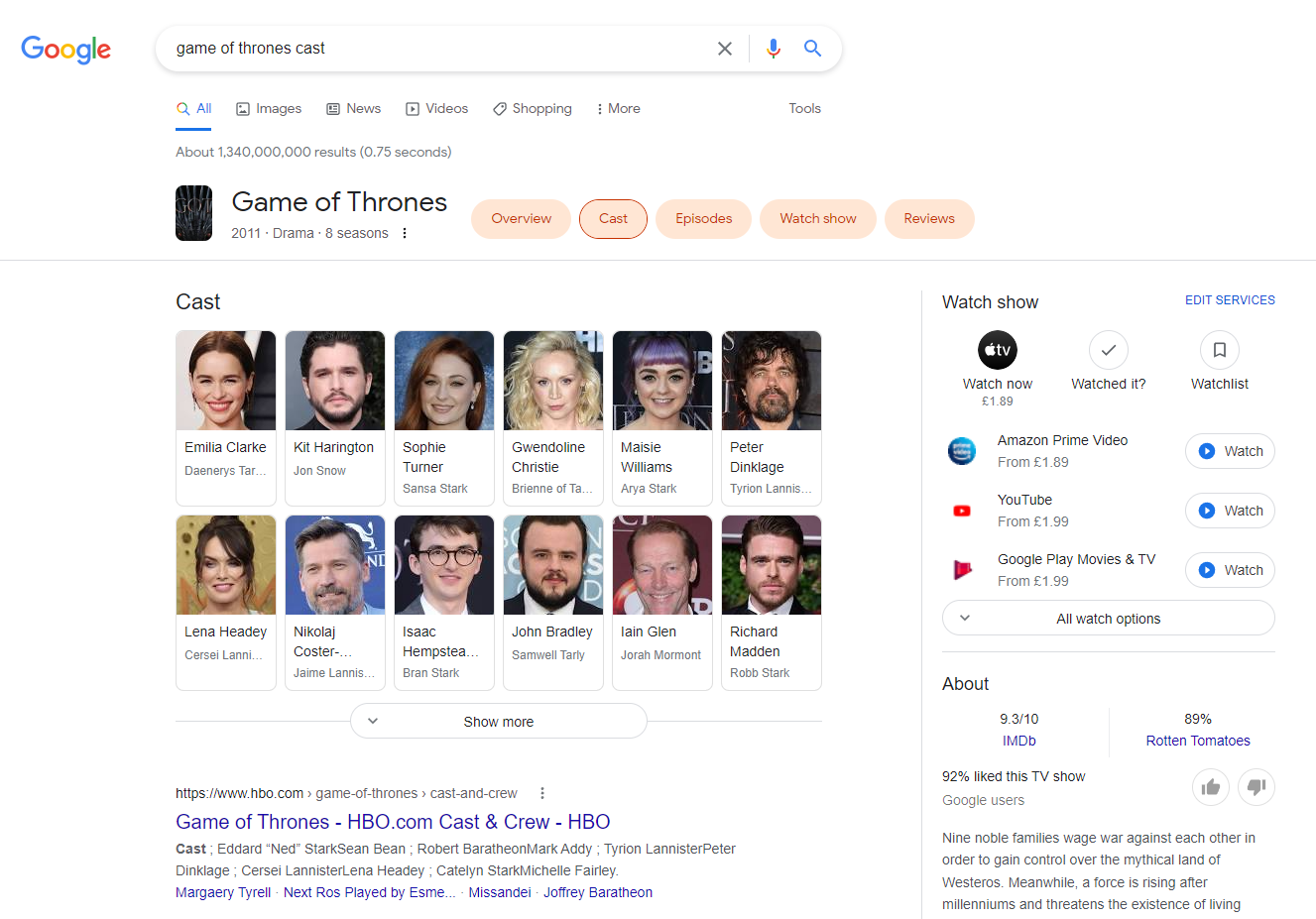 Game of Thrones Cast Google Suchergebnisse im Mai 2022