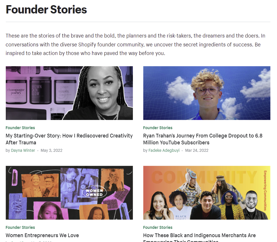 ShopifyブログのFounderStoriesセクションのスクリーンショット