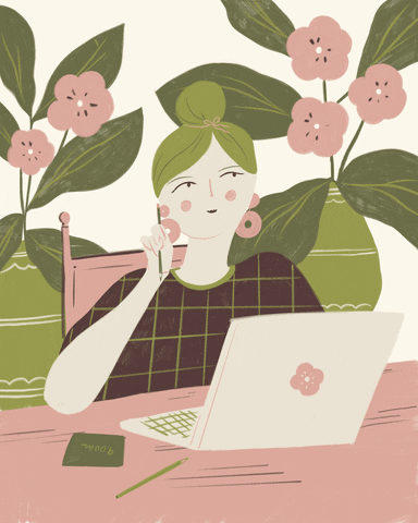 GIF care arată o fată care se gândește în timp ce atinge stiloul