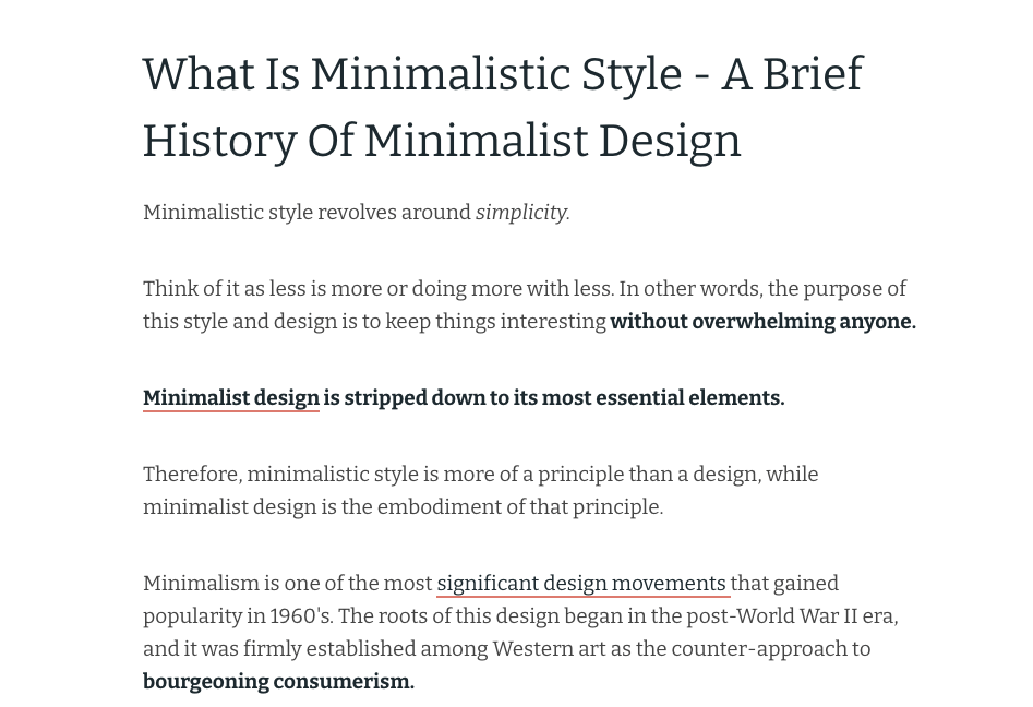 captură de ecran a unui articol folosind propoziții și paragrafe scurte