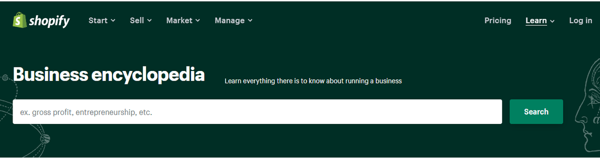 Pagina de căutare a enciclopediei de afaceri Shopify