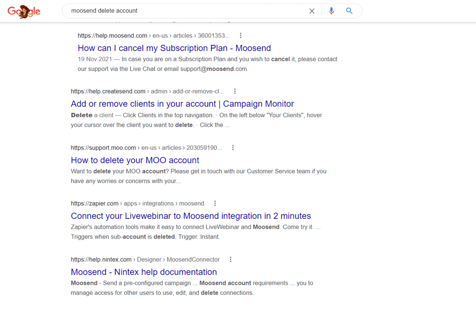 Moonsend 계정 삭제에 대한 Google 검색 결과의 스크린샷